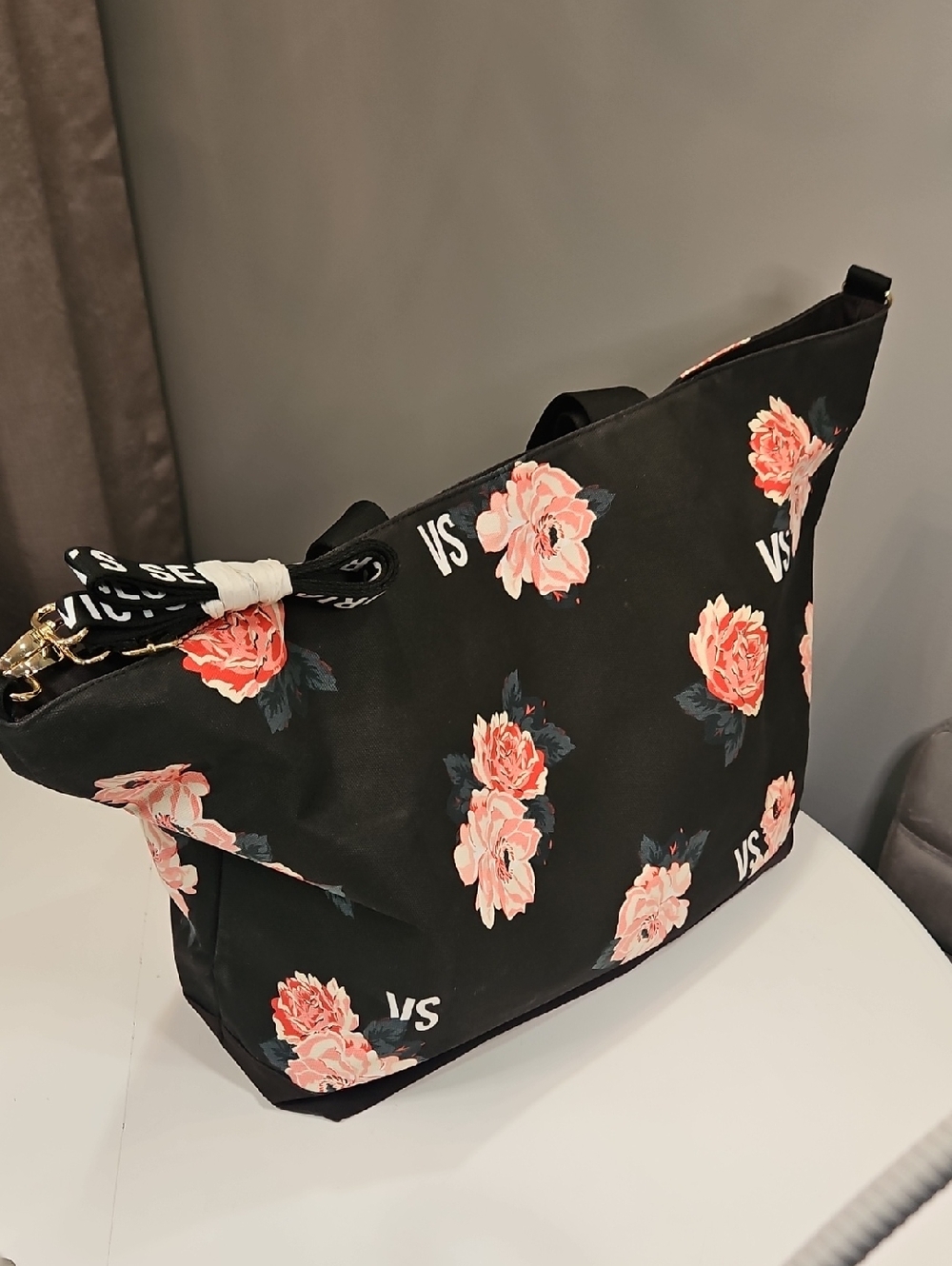 Victoria's Secret Black Tote with Pink Floral Print